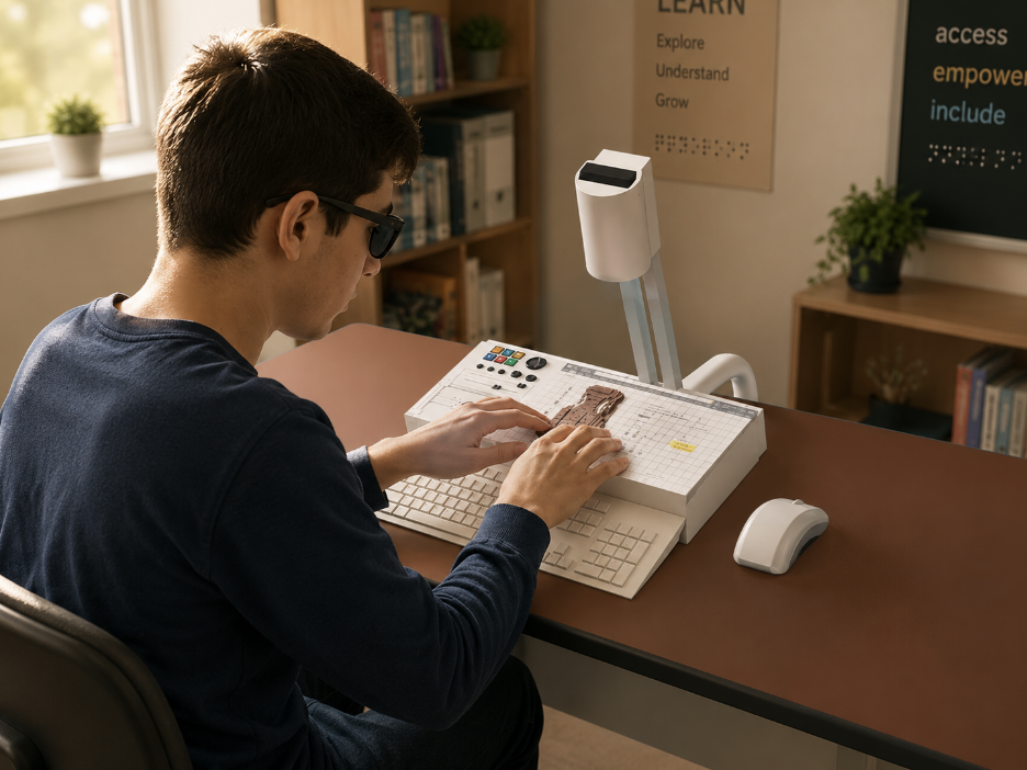 Person using a tactile display device connected to a keyboard and desktop setup.